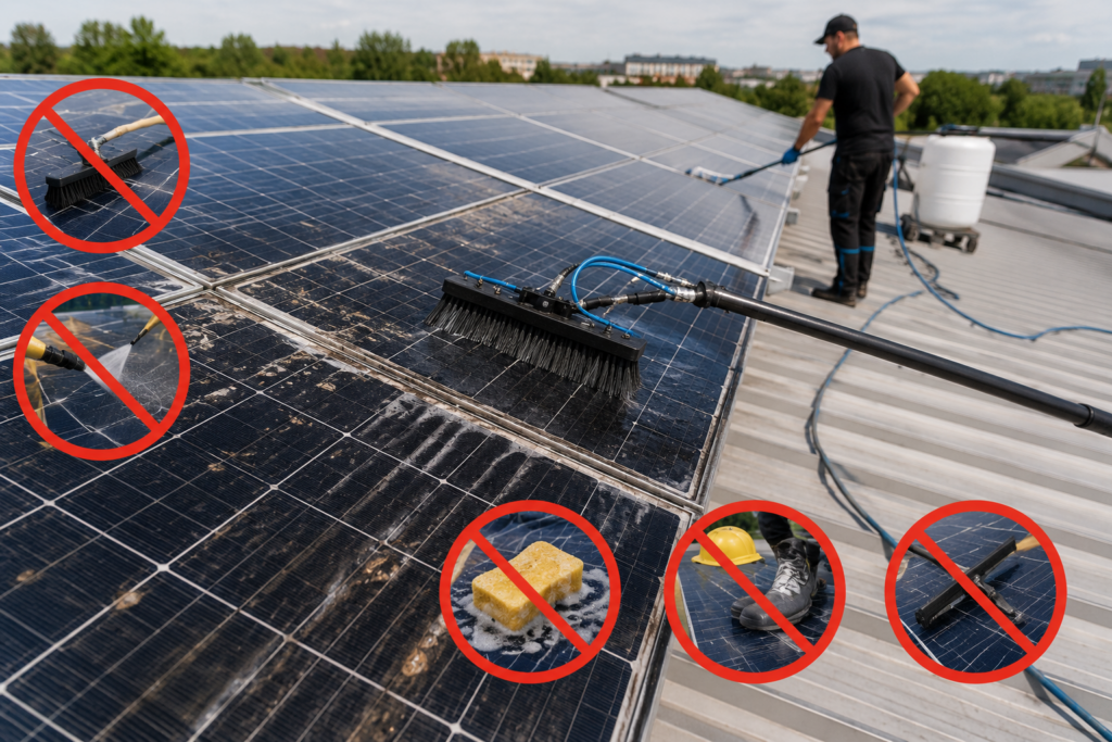 Czego nie robić przy myciu paneli fotowoltaicznych? Najczęstsze błędy firm i właścicieli obiektów
