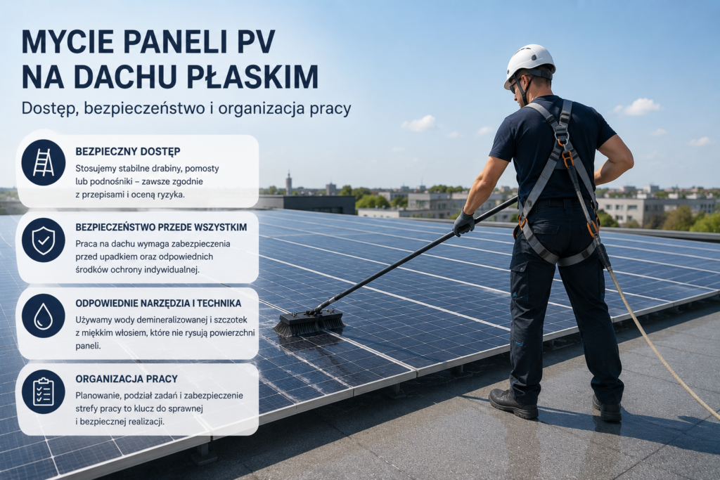 Mycie paneli PV na dachu płaskim — dostęp, bezpieczeństwo i organizacja pracy