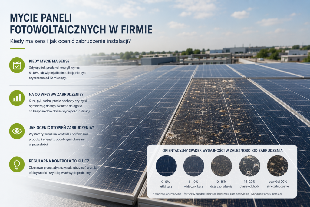 Mycie paneli fotowoltaicznych w firmie — kiedy ma sens i jak ocenić zabrudzenie instalacji?